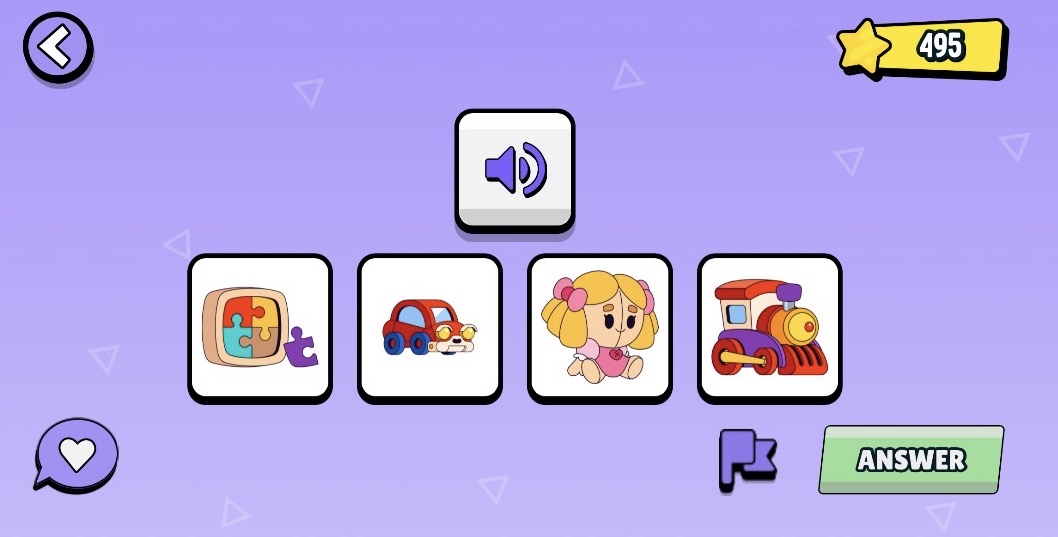 パズル・車・人形・電車から音声に合う絵を選ぶ宿題画面